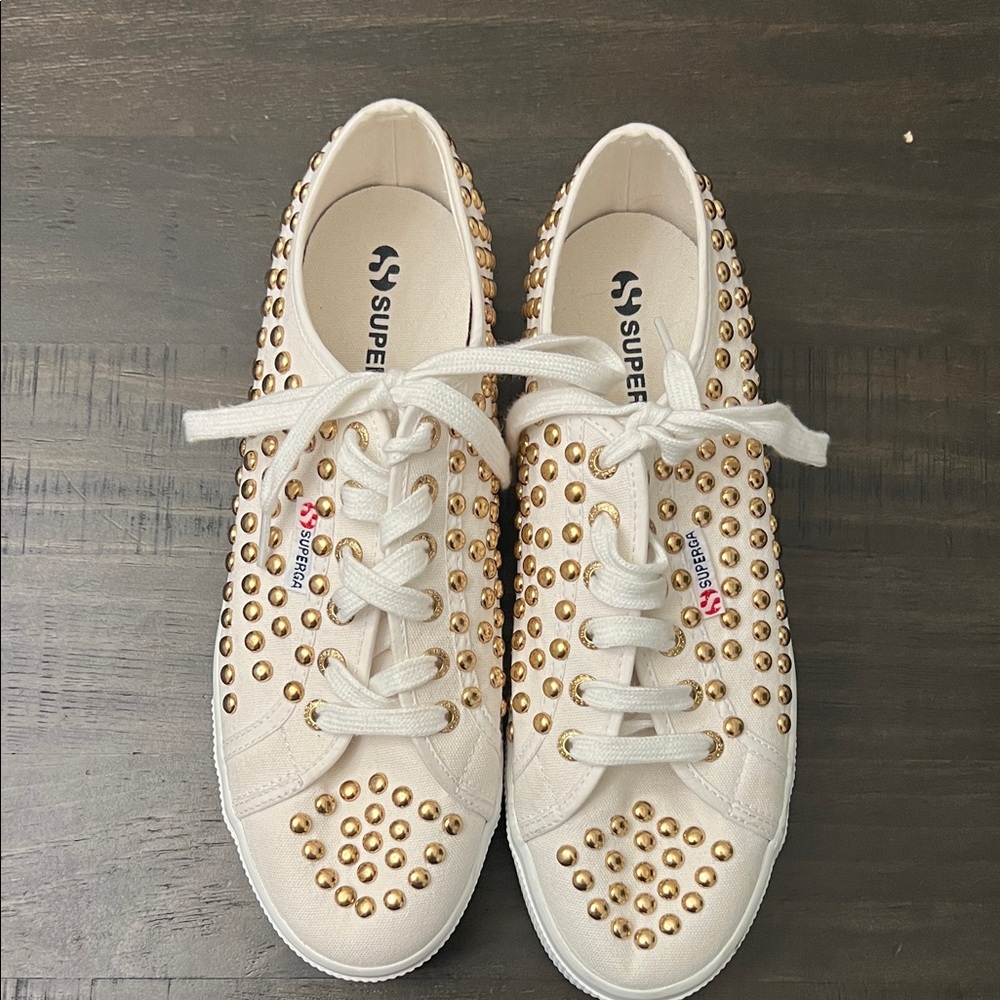 Superga Women's Cream and Gold Studded Sneakers